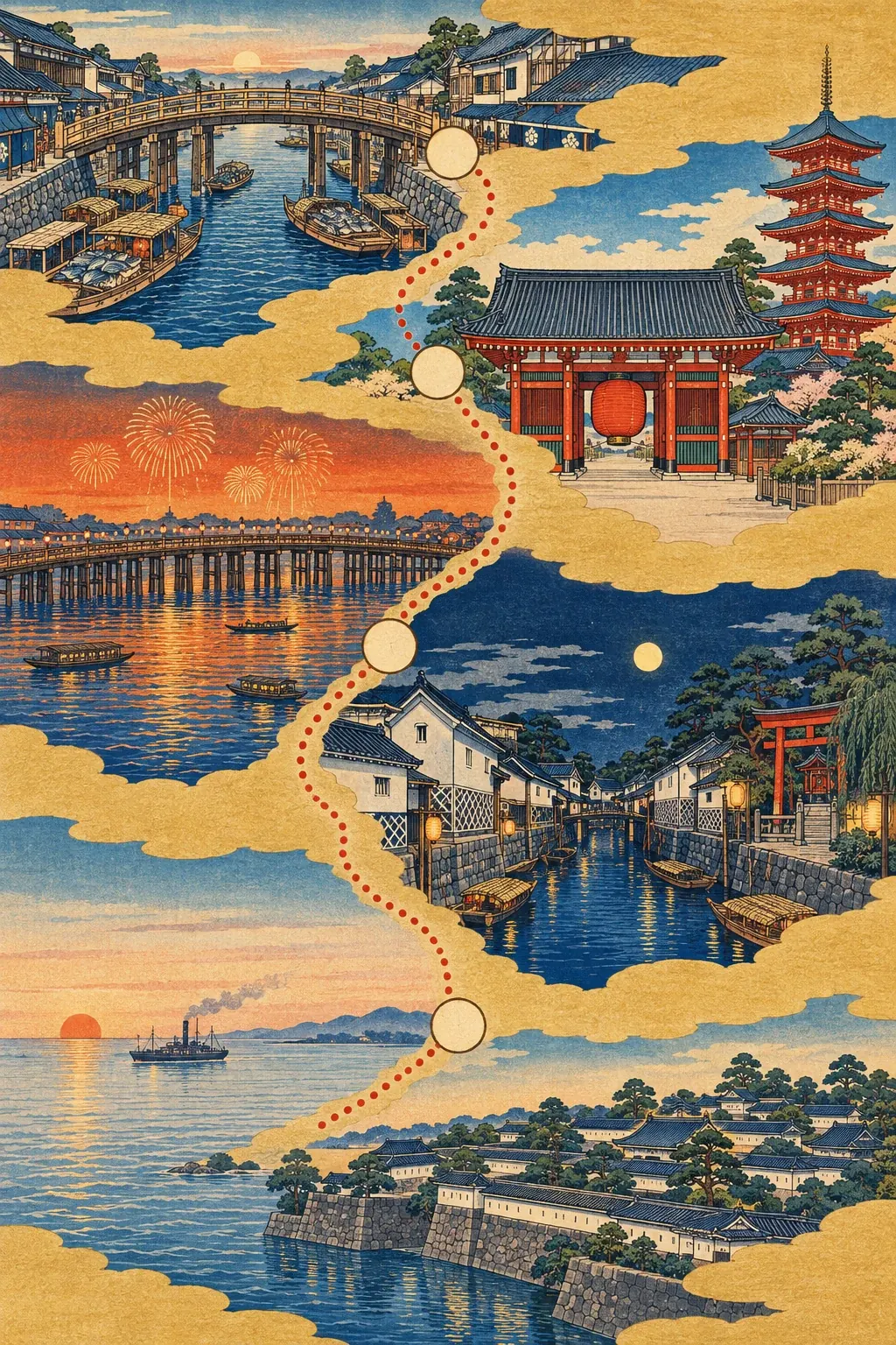 浮世絵の江戸巡り絵図。日本橋の橋、浅草の門と五重塔、両国の花火、深川の水路、品川の海と江戸城を、赤い点線の道がつないでいる。