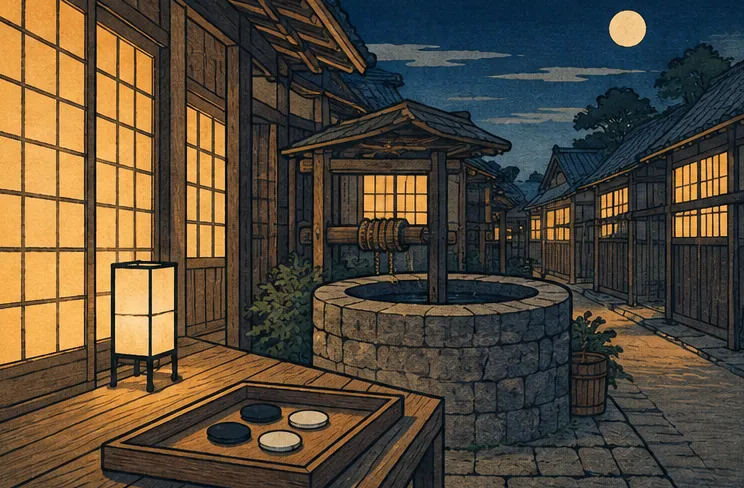 夜の長屋の路地に行灯の温かい明かりが灯る情景