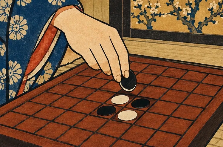 リバーシのルールを解説するための、盤上で石が並んでいる様子を浮世絵風に描いたもの