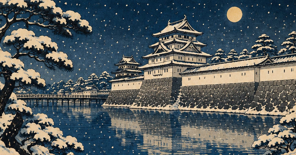 雪が静かに降る夜の江戸城の石垣と白壁