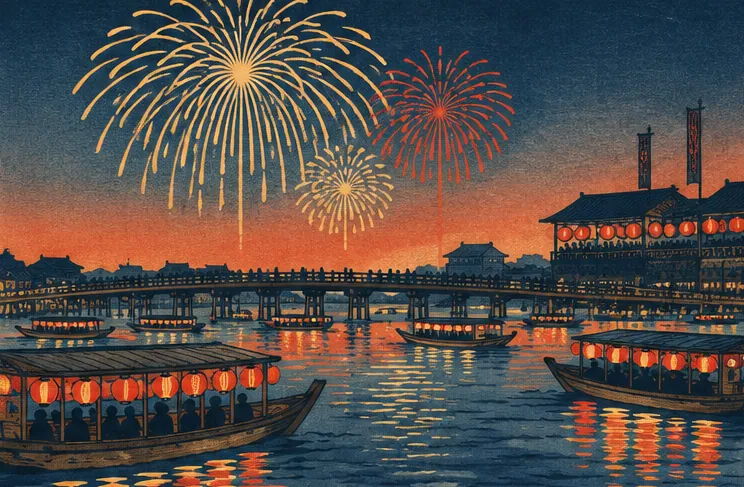 夕暮れの両国川べりに咲く大輪の花火と屋形船