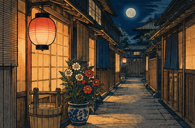 夜の長屋の路地に灯る障子のあかり