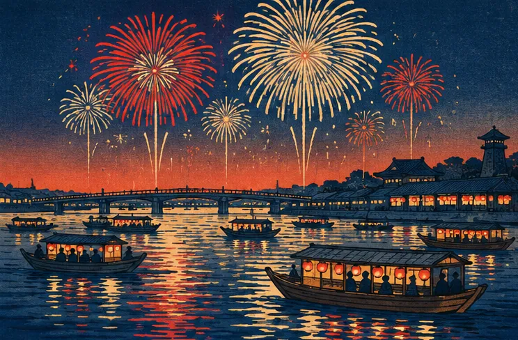 両国の川べりから眺める夕暮れの花火
