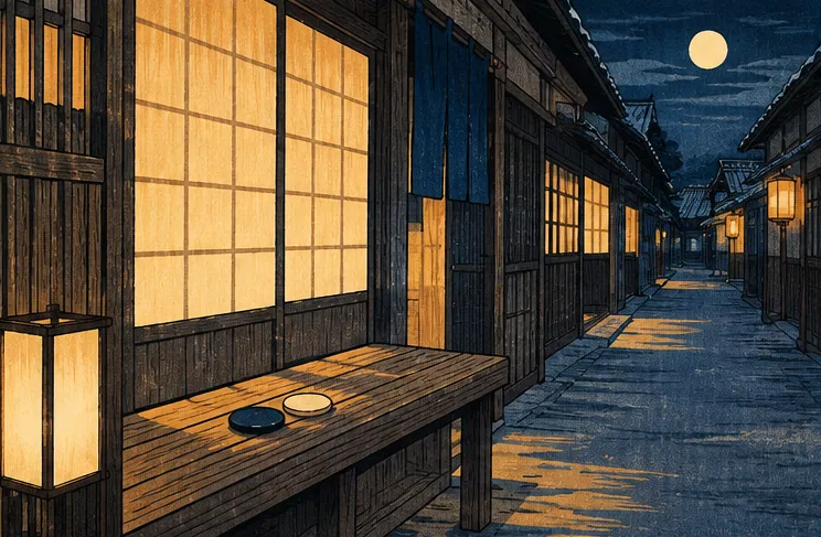 夜晚長屋巷弄中行燈散發溫暖光芒的風景
