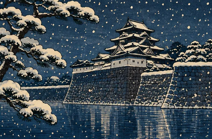 靜靜積著白雪的江戶城護城河與松樹