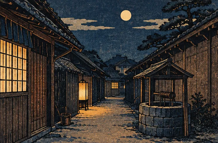 夜の長屋の路地と井戸の佇まい