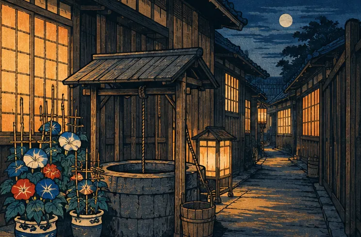 夜晚長屋巷弄與行燈的溫暖微光