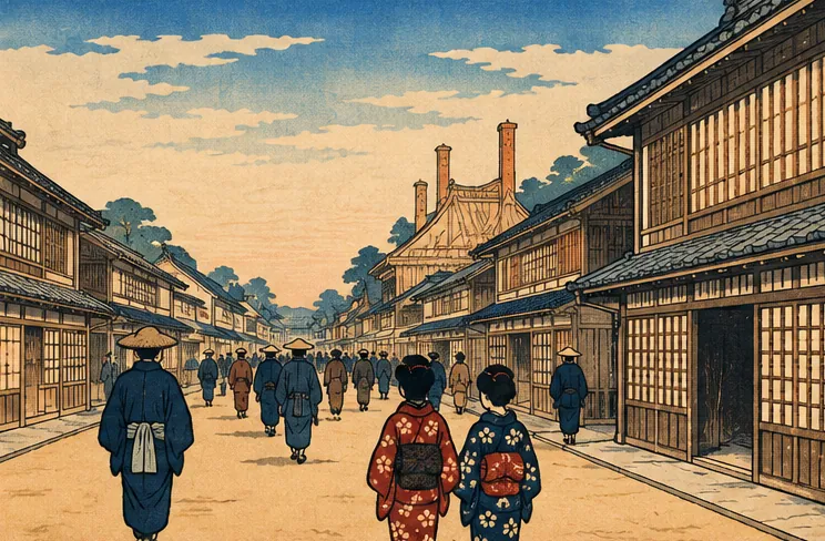 並排著格子窗戲棚的淺草白天街道