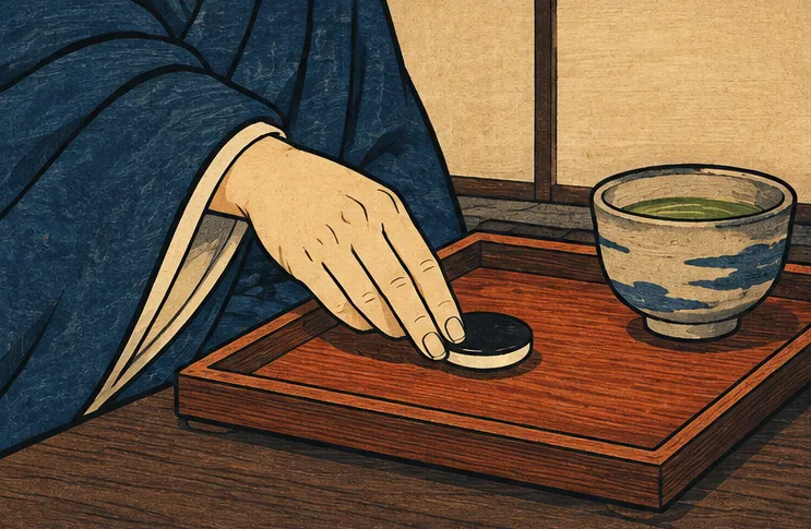 藍色の着物の袖口と盆の上に置かれた平たい丸石