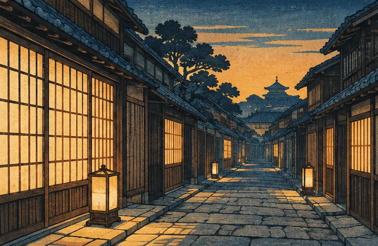 夜の長屋の路地に行灯の温かい光が差す風景