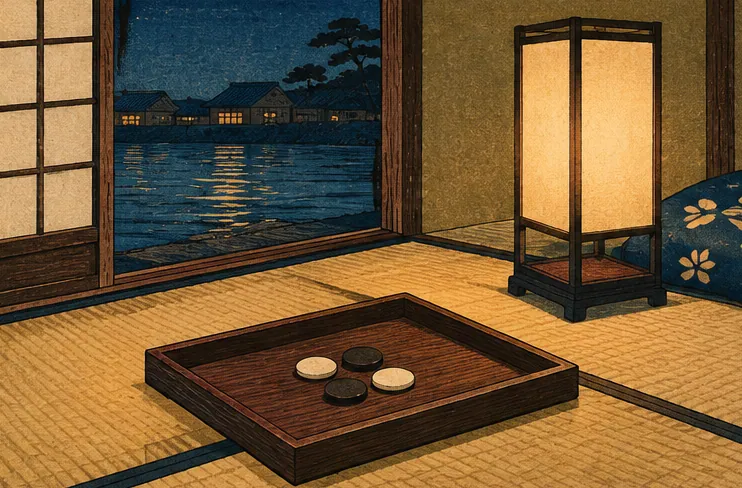 行灯の明かりに照らされた夜の深川の机