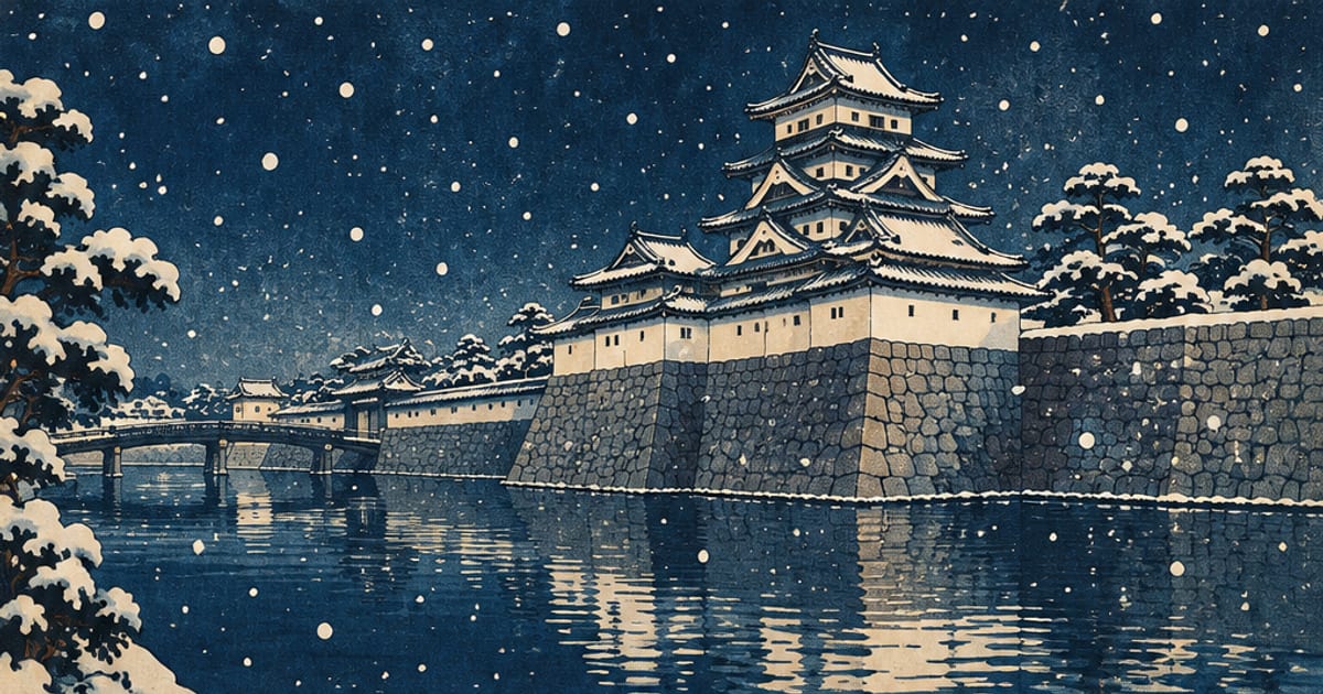雪が静かに降る夜の江戸城の石垣と白壁