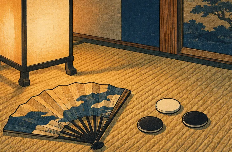 行灯の柔らかな明かりに照らされた畳と平たい丸石