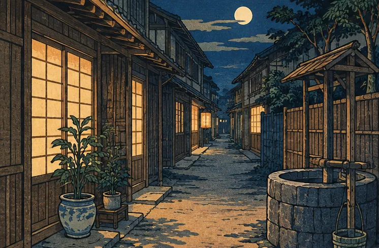 夜晚長屋的小巷與行燈柔和的光芒