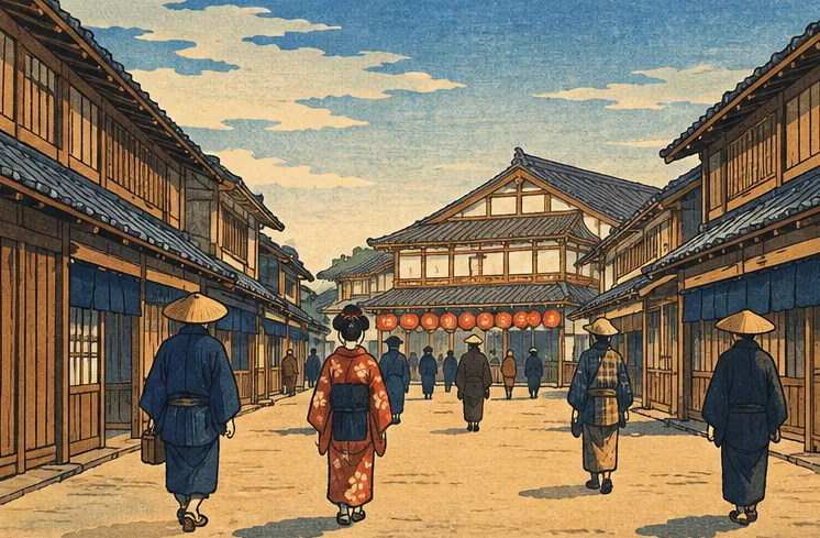 白天的淺草街道與走在戲院街的人們背影